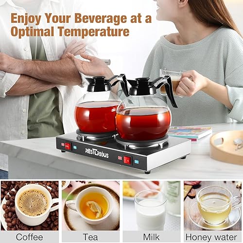 Miniatura 5 de Restlrious Calentador de café comercial de doble quemador, plato calentador, calentador portátil de acero inoxidable para decantador de vidrio