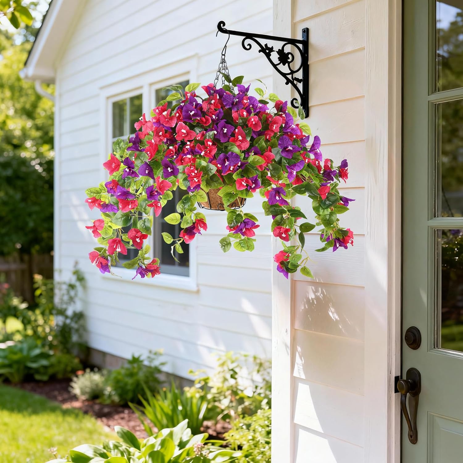 Homsunny Artificial Fake Hanging Flowers Plants Basket for Outdoor Decoration, Faux Silk Flower Bougainvillea Planter Look Real UV Resistant for Home Porch Patio Balcony Yard Spring Decor(Mix Pulple) - Image 2