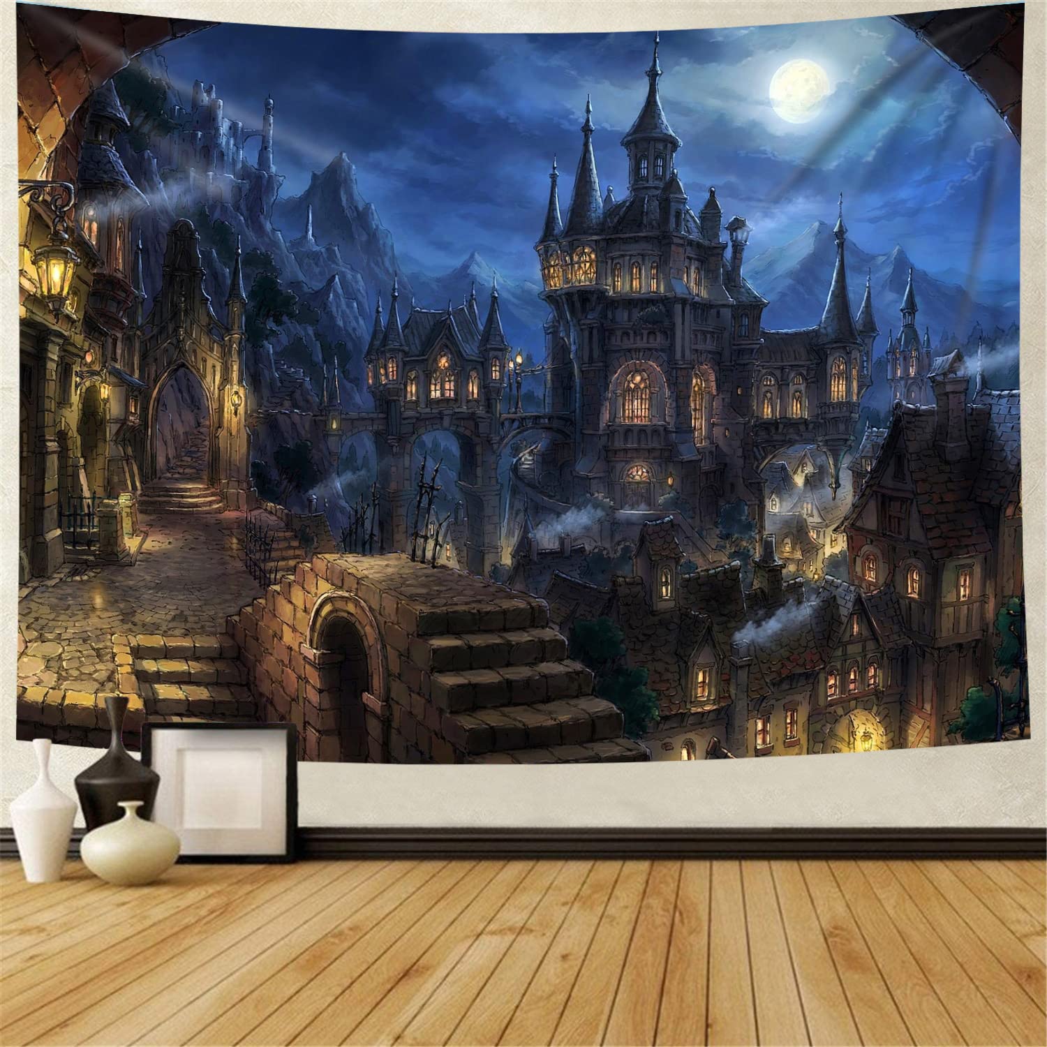 Simsant Old Castle Tapestry Werewolf Night Ancient City Tapestry Wall Hanging for Bedroom Living Room Dorm 60"x51" GTSI096