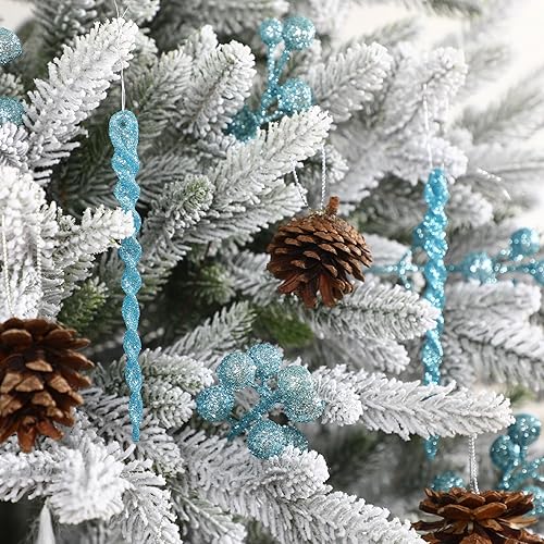 Miniatura 5 de Juego de 145 adornos para árbol de Navidad azul lago con cuerda de luz, varios adornos de bolas de Navidad inastillables, adornos de bolas de