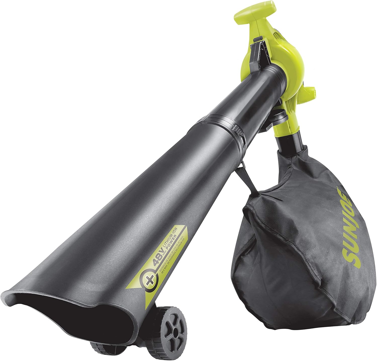 Sun Joe 48-Volt Blower Vacuum Mulcher assembled in vacuum configuration with collection bag