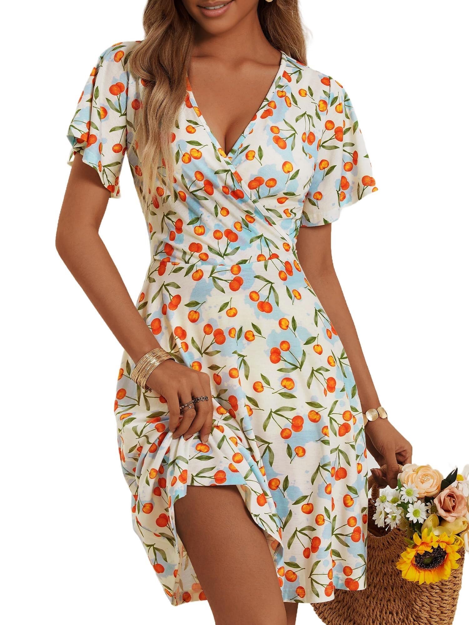 Womens Sundress Summer Floral Short Sleeve Wrap V Neck A-Line Midi Dress(White Orange Cherry-61,XL)
