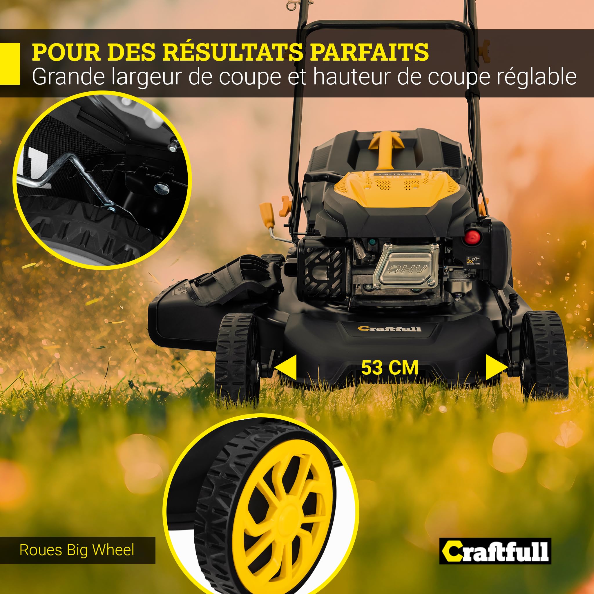 Craftfull Tondeuse à Gazon Thermique CR-196-30 | 4 KW 5,4 CV | Moteur OHV 190 cm³ | Autotractée avec Transmission à Faible Friction (4 KW 5,4 CV Gris)