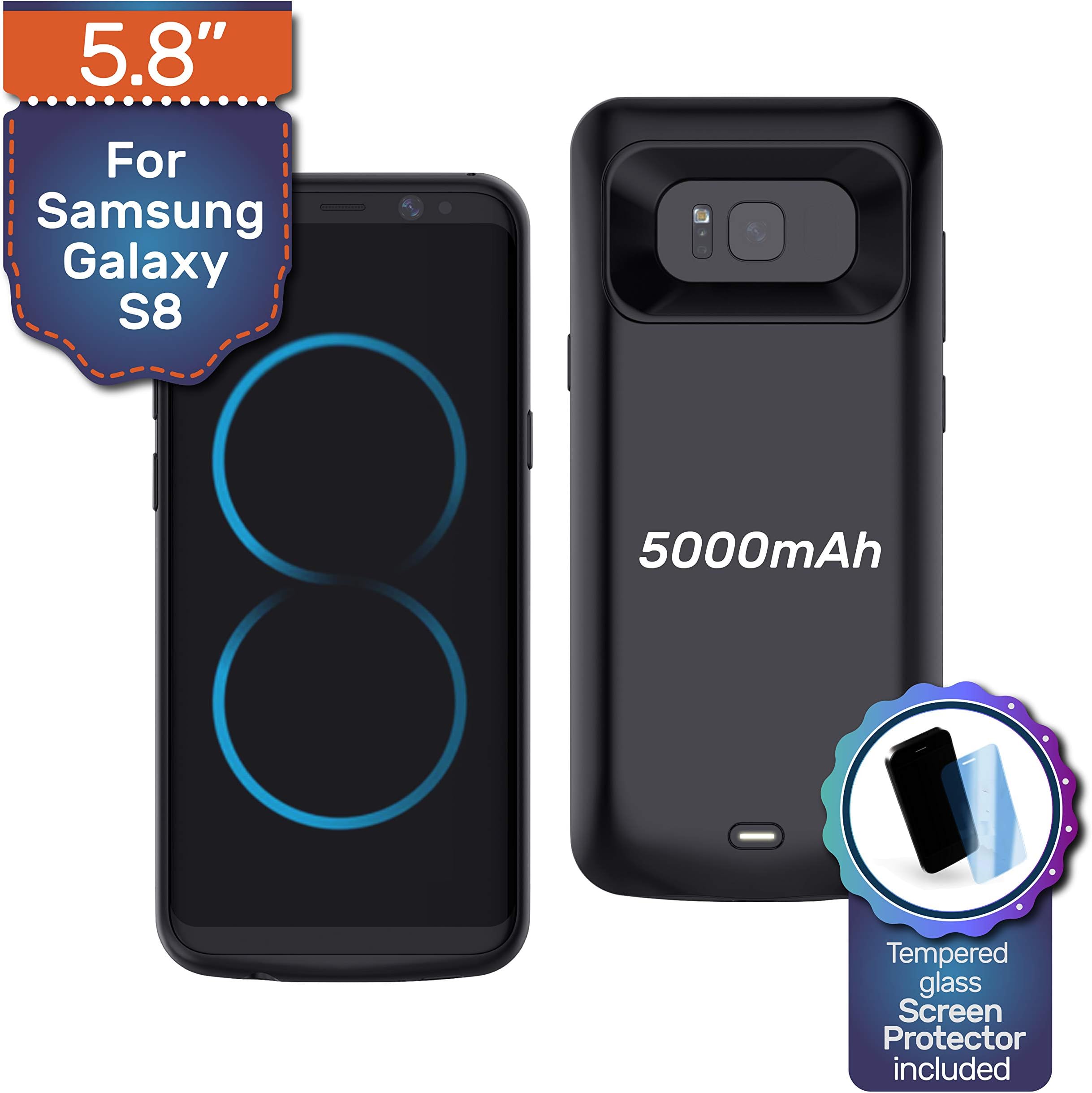 NRO Battery Case for Samsung Galaxy S8 (5.8 Inch) 5000mAh Wireless Charging Portable Rechargeable Extended Battery Pack Protective Charging Case with Tempered Glass Screen Protector