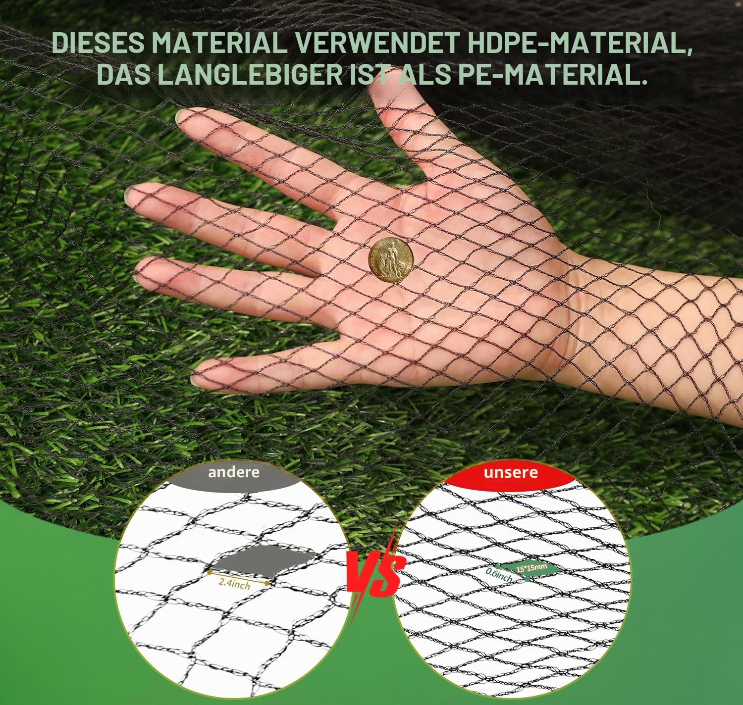 Gartennetz 4x5m Vogelschutznetz Engmaschig (15x15mm) - Extra Starkes HDPE Schutznetz für Obstbäume, Erdbeeren & Teiche - Wiederverwendbar, UV-beständig - Inkl. 50 Kabelbinder & 10 Bodenanker