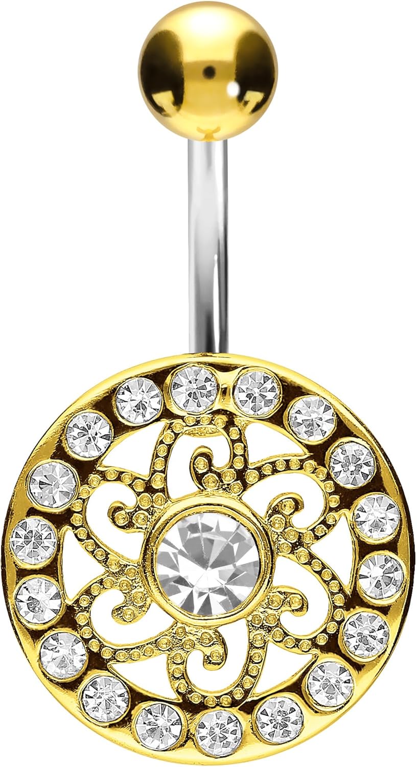 PIERCINGLINE Titanium belly button ring with 925 silver design MANDALA Navel Ring Belly Piercing 14G 10 mm Bar silver - rosegold - gold - colored