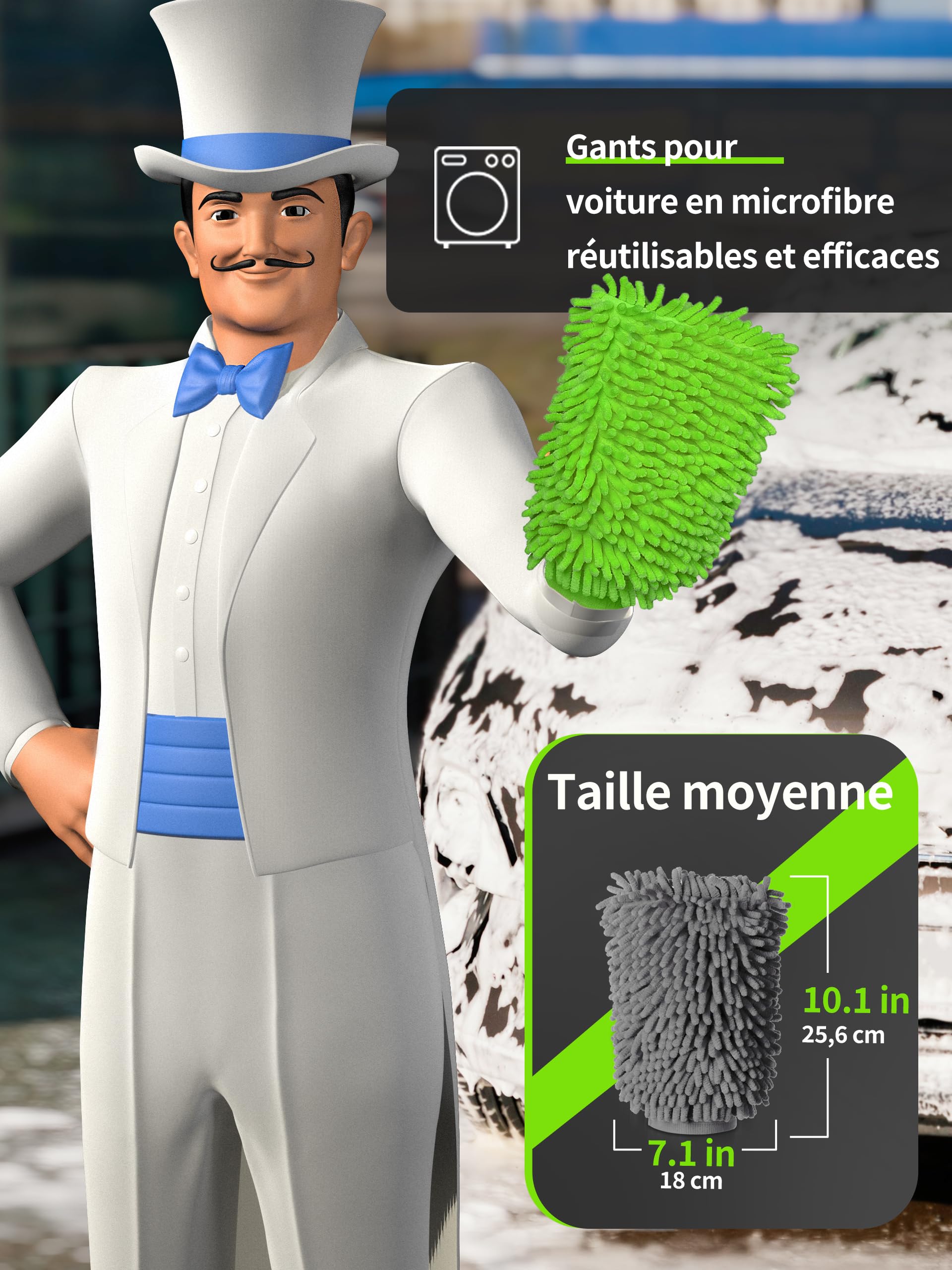 MR.SIGA Gant de Lavage en Microfibre de Chenille Souple Surchoix | Gant Microfibre pour Nettoyage de la Voiture, Lot de 2, Gris et Vert