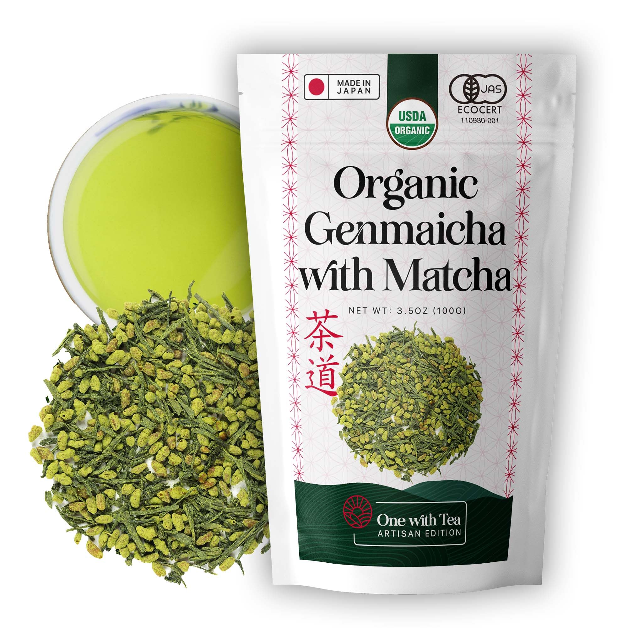 One With Tea Organic Japanese Genmaicha with Matcha Green Tea Loose Leaf Premium Whole Leaf Sencha with Roasted