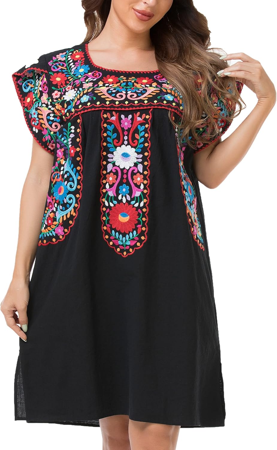 YZXDORWJ Women Summer Mexican Embroidered Boho Peasant Dress Petal Sleeve - Image 3
