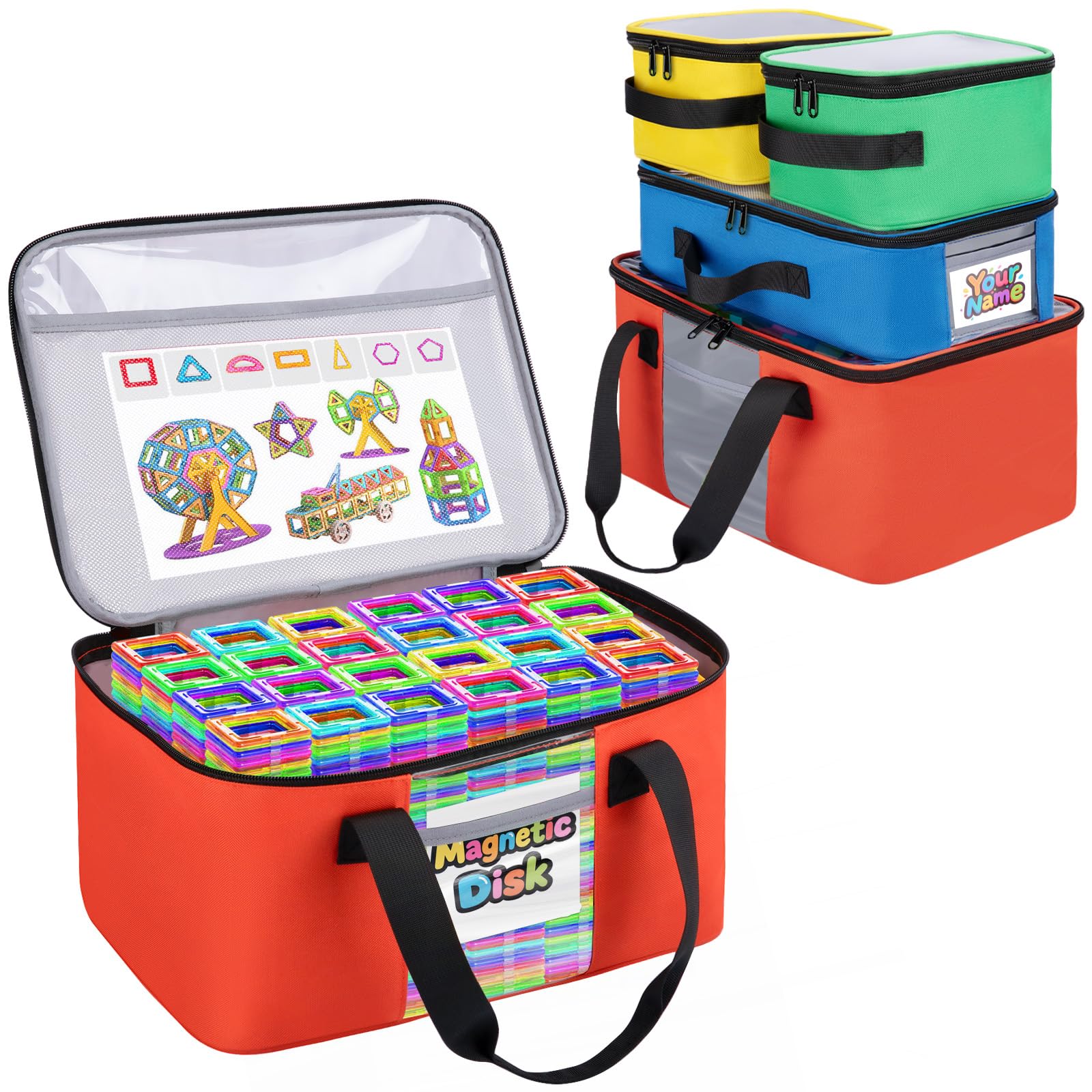 Wigojoy 4 PCS Toy Storage Bags?Magnatiles Storage Bin With Visual Top Flap, Label Pocket and Mesh Pockets Fit for LEGO, Building Blocks, Magnetic Tiles, Toy Cars