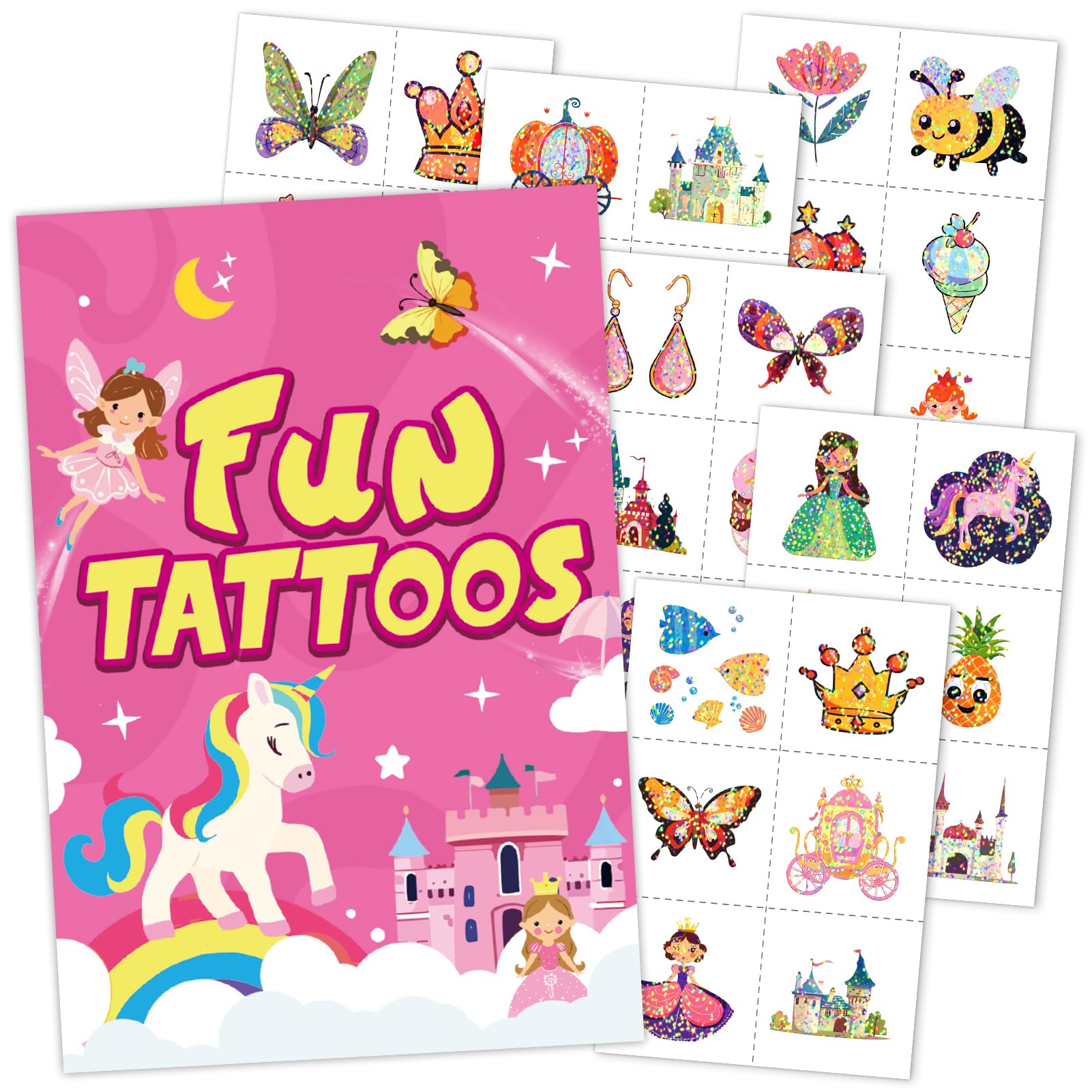 EMOME 204 Styles Glitter Tattoos for Kids, Mixed Temporary Tattoos for Kids, Individually Wrapped Mermaid Princess Butterfly Unicorns Stickers for