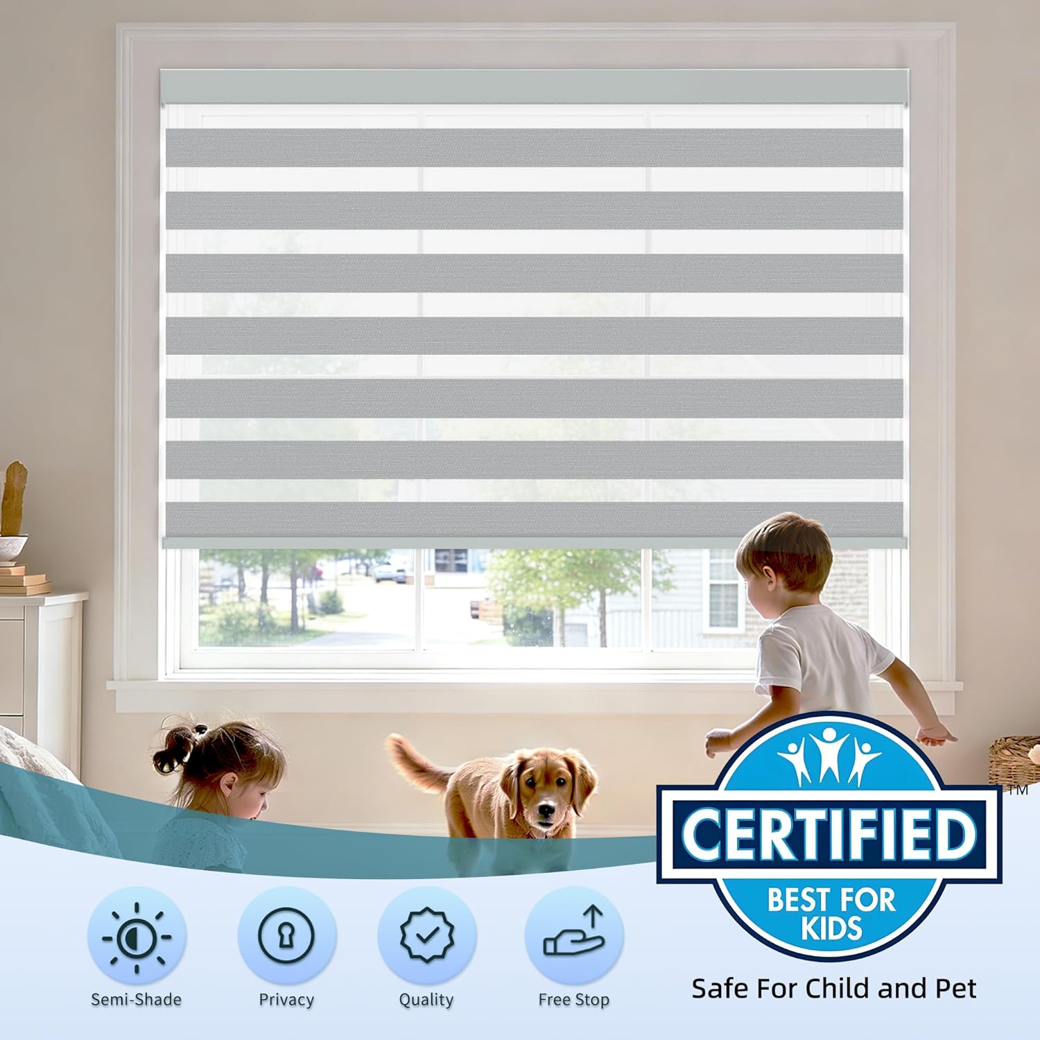 Cordless Zebra Blinds for Windows (36" W X 72" H, Grey) Free-Stop Zebra Roller Shades Dual Layer Light Filtering Privacy for Day and Night, Light Control for Home, Bedroom, Office