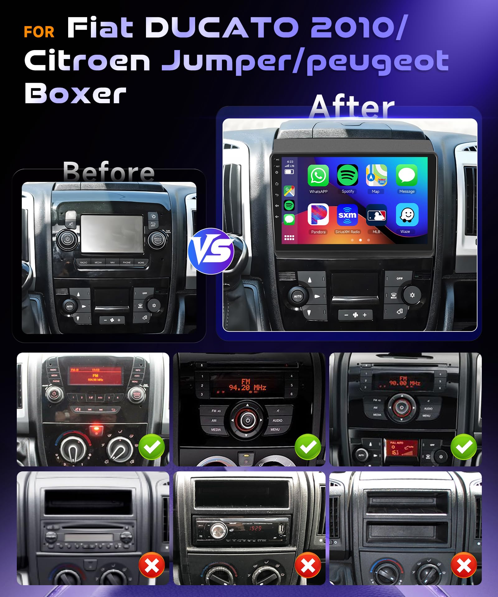 4G 64G VECHTEL 9"Autoradio Bluetooth per Fiat DUCATO 2010/Citroen Jumper/peugeot Boxer Carplay Android Auto,Android 15,DSP EQ,1280 * 720,Wifi GPS Navi,Mirror link,RDS/FM Radio con Retrocamera AHD