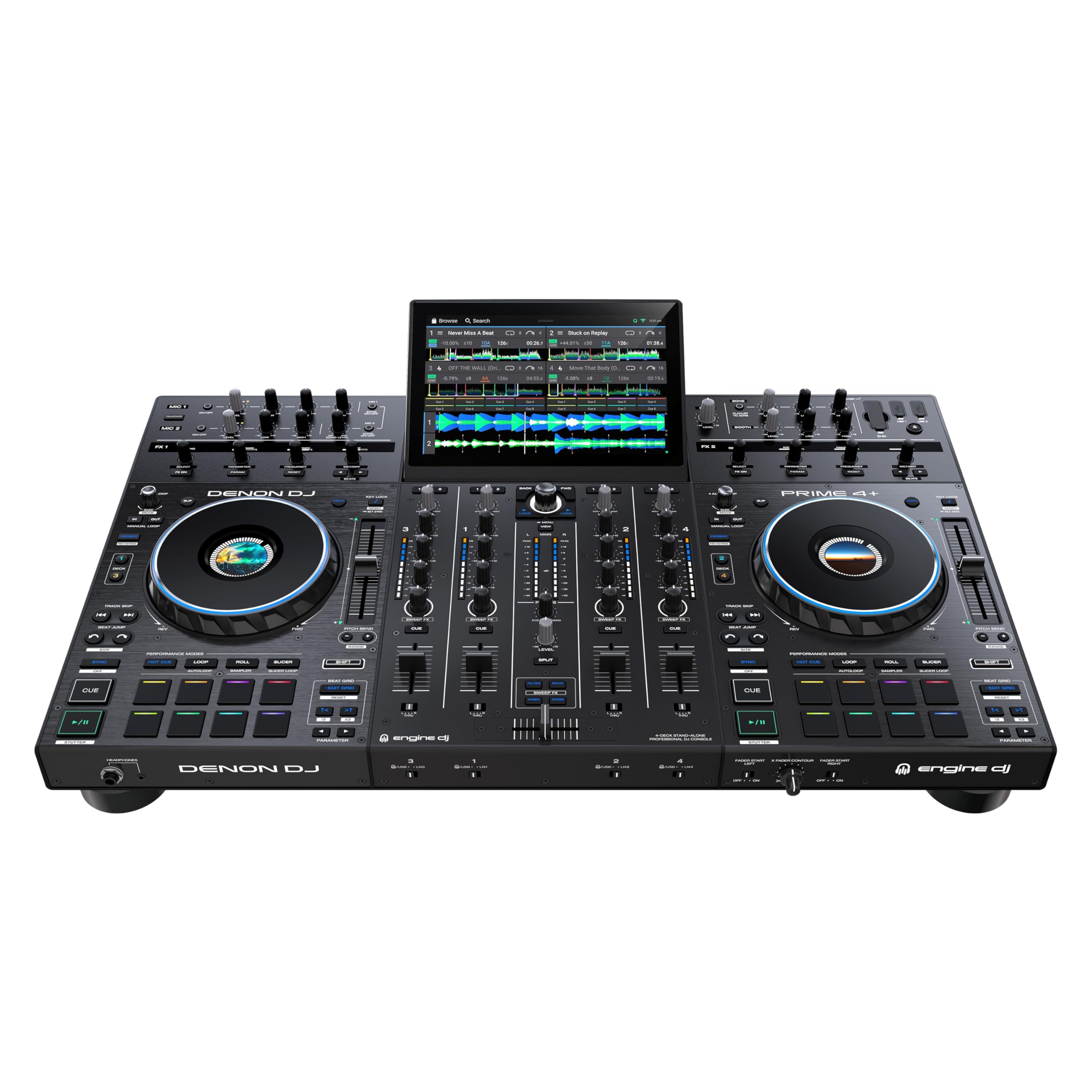 Denon DJ PRIME 4+ Contrôleur DJ Autonome avec Séparation Stem Sur 4 Platines, Streaming Wi-Fi, Drop Sampler, Écran Tactile 10.1", Contrôle Éclairage, Noir