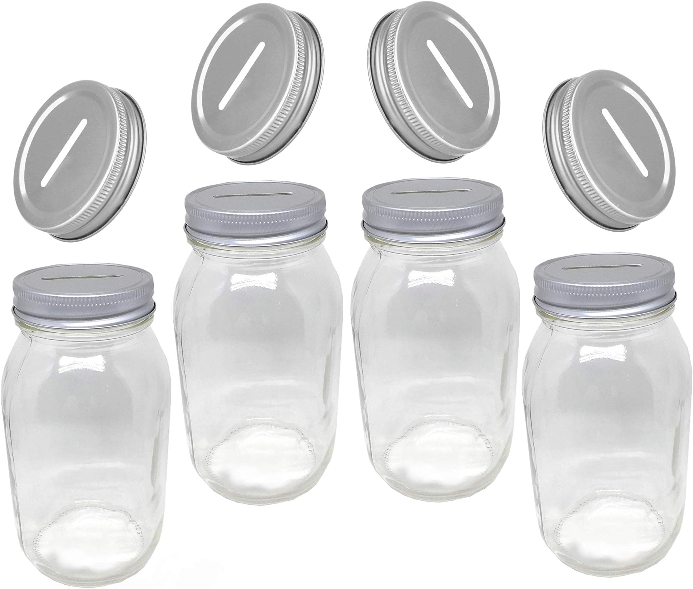 Carca Glass Piggy Deposit Jars Money Savings Bank, for Boys, Girls, Kids, Adults, of Regular Mouth, Smooth Sided Mason Jar with Slotted Lids, for All Ages, Family Fun Pack, 4 Set, 16 & 32 Oz. (Quart)