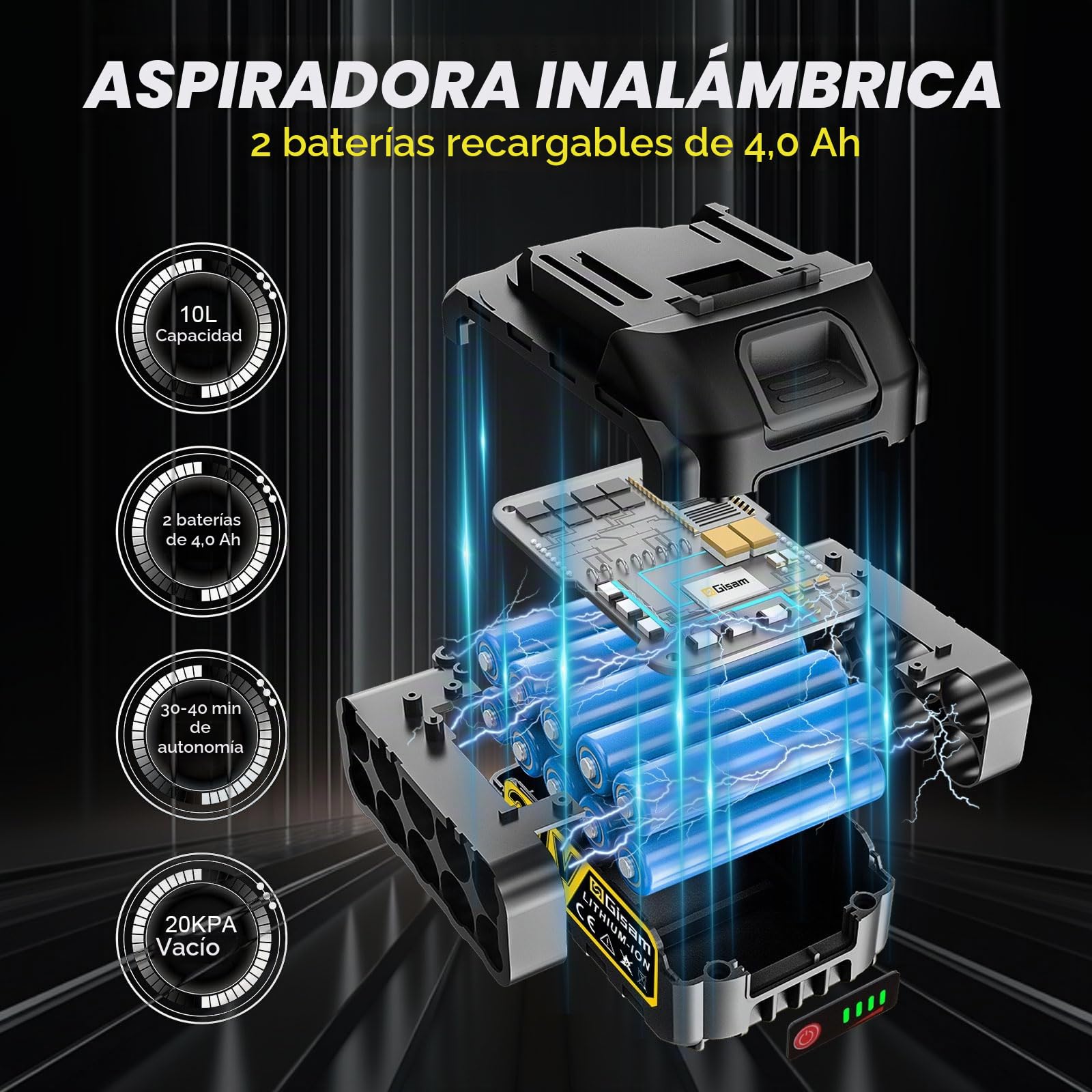 Aspiradora InaláMbrica Para SóLidos Y LíQuidos, Motor Sin Escobillas De 3000 W, 2 BateríAs De 4,0 Ah, Aspiradora De Taller 3 En 1 Con Filtro Hepa, Bandolera, 4 Ruedas Y Portacomplementos, PortáTil Par