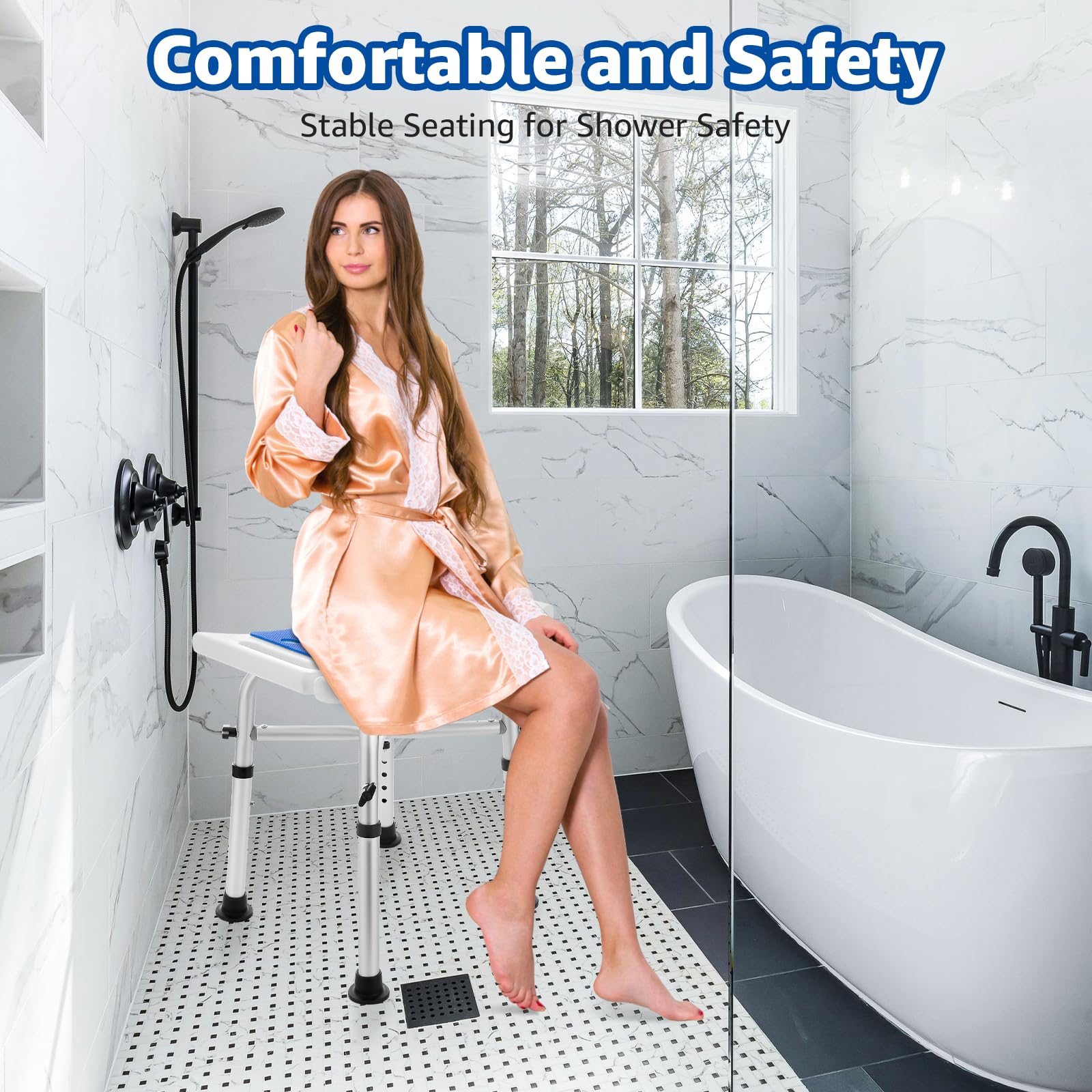 Silla de Ducha Taburete de Baño, Banco de Baño con Soporte de Barra Reforzada Ajustable en Altura con Asiento Acolchado para Personas Mayores, Silla de Taburete para Ducha Interior (Sin Ducha)