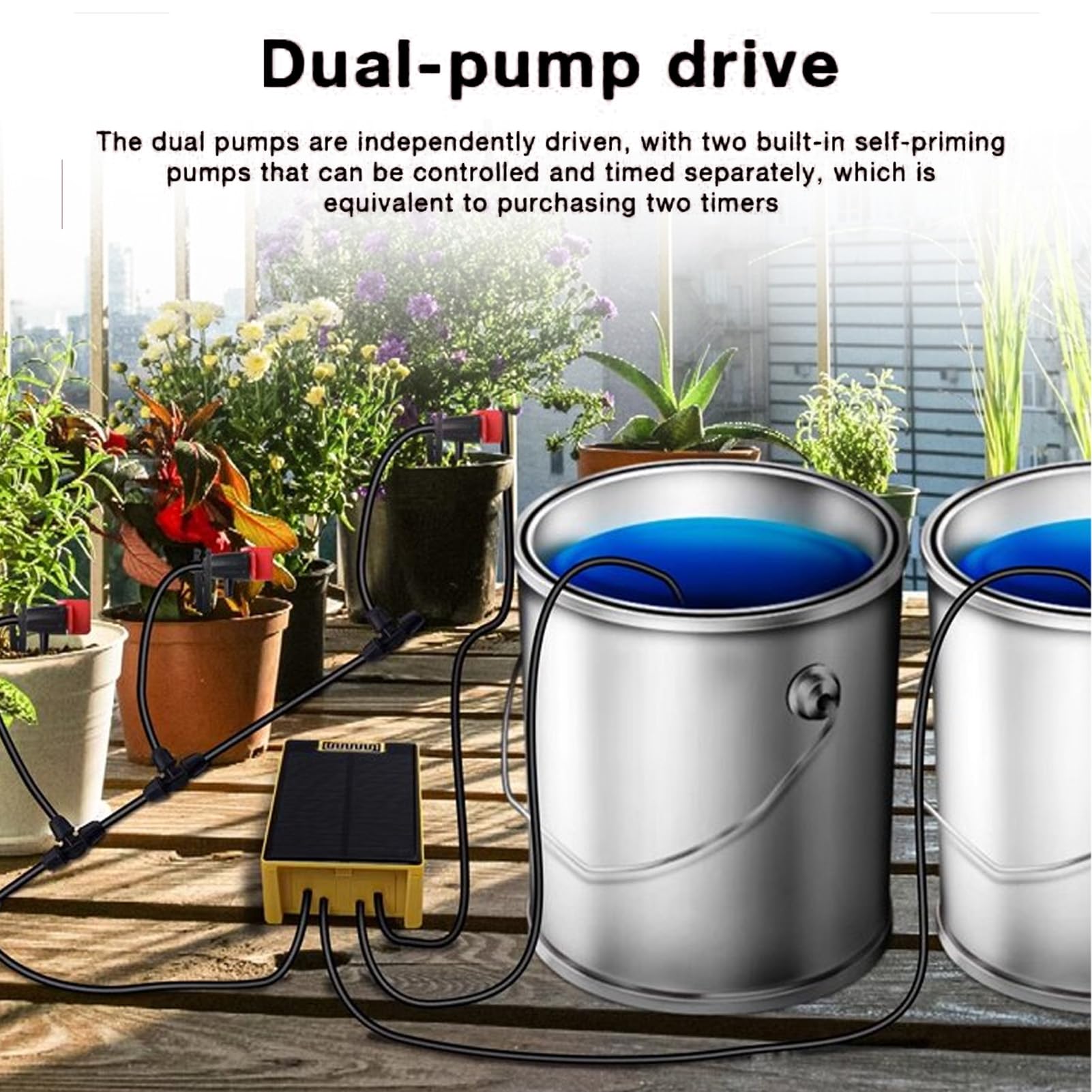 Sxhlseller Dispositivo de Riego Solar con Bomba Dual, de Riego Inteligente con Temporizador y Sensor de Lluvia para por Goteo de Césped y Jardín