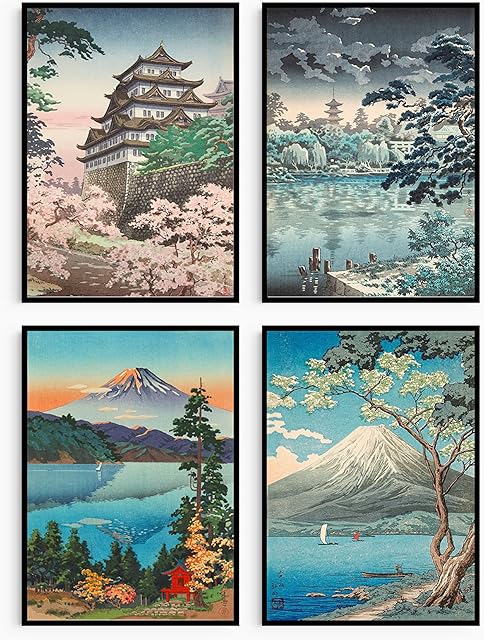 Japanese Set Of 4 Vintage Style Art Japanese Aesthetic Art Traditional Art Gift Print Only | Japan Poster Prints | Wall Art Living Room Bedroom Decor Classic Vintage Poster Prints (5"x7" Inches)