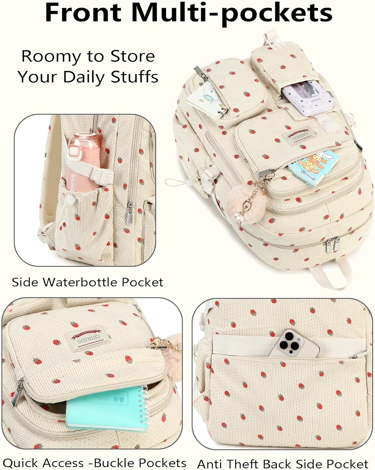 Backpack for Girls Big Student Corduroy Laptop Backpack for College Kids Elementary Middle High School Bag Anti Theft Bookbag Travel Daypack Womens(Corduroy Beige Strawberries)