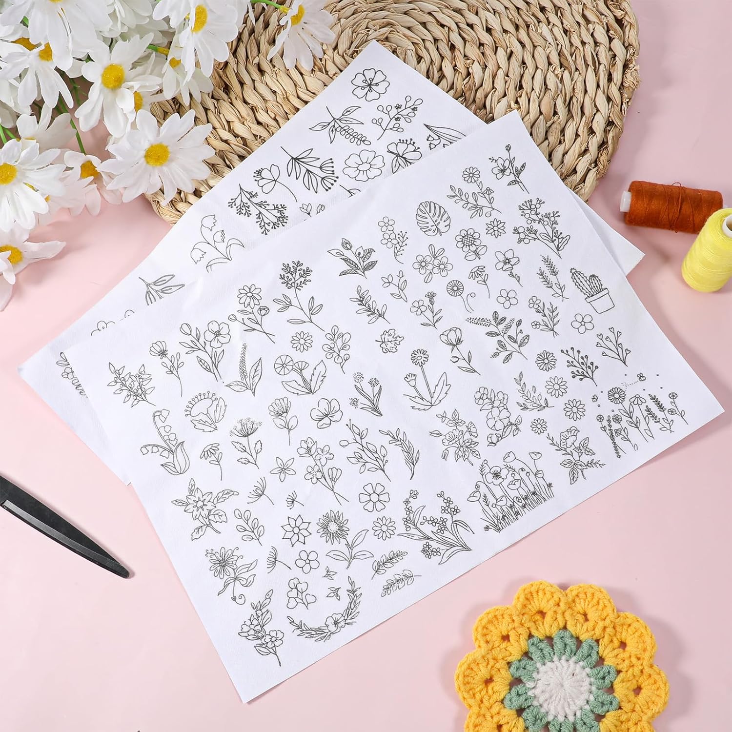 122 Pcs Water Soluble Stabilizer for Flower Pattern Stick and Sew Embroidery Patterns Stick and Stitch Embroidery Paper Wash Away for Hand Sewin Lovers