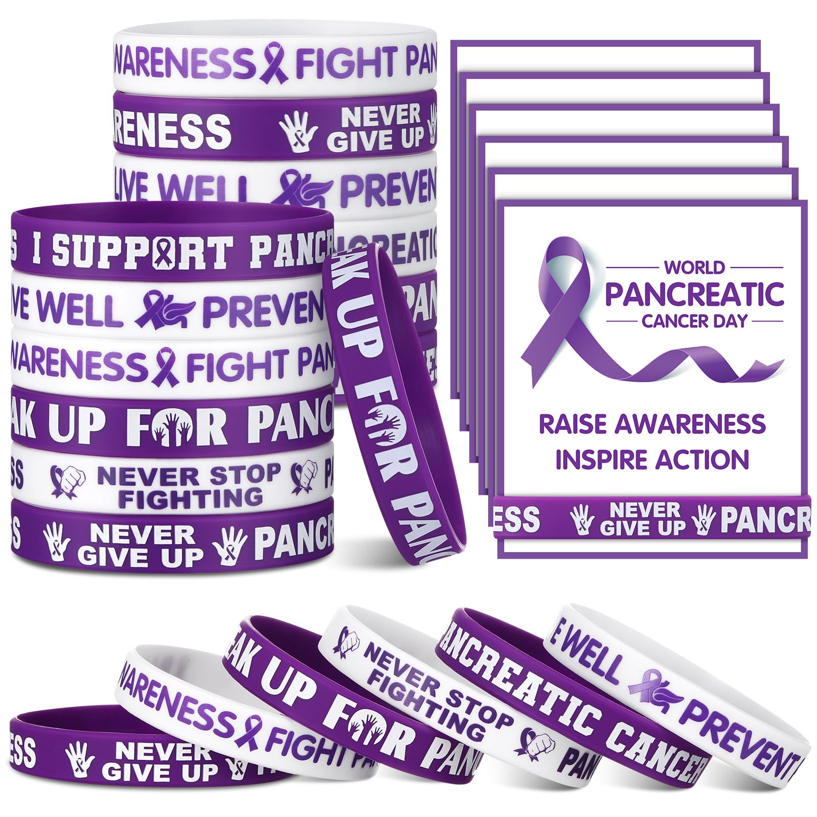 Humyoun 60 Pcs/30 Sets Pancreatic Cancer Awareness Silicone Wristbands with Cards Include 30 Purple Ribbon Wristband 30 Pancreatic Awareness Support Cards for Men Women Teen Support Charity Supplies