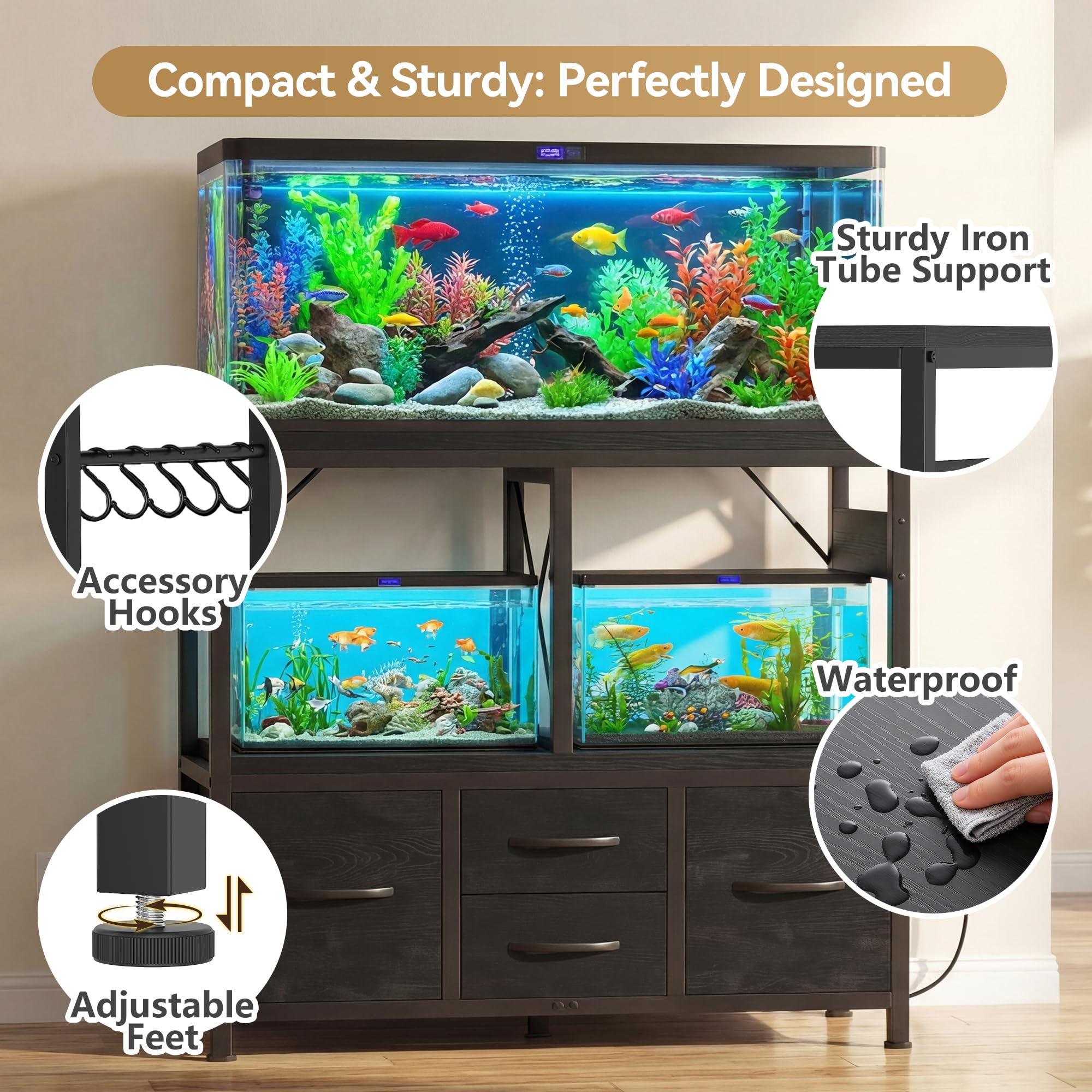 Heybly Supporto per acquario da 40-50 galloni, supporto per acquario con cassetto, presa di corrente, resistente, per acquario, terrario tartarughe e rettili, 91,9 cm di lunghezza x 46 cm di altezza