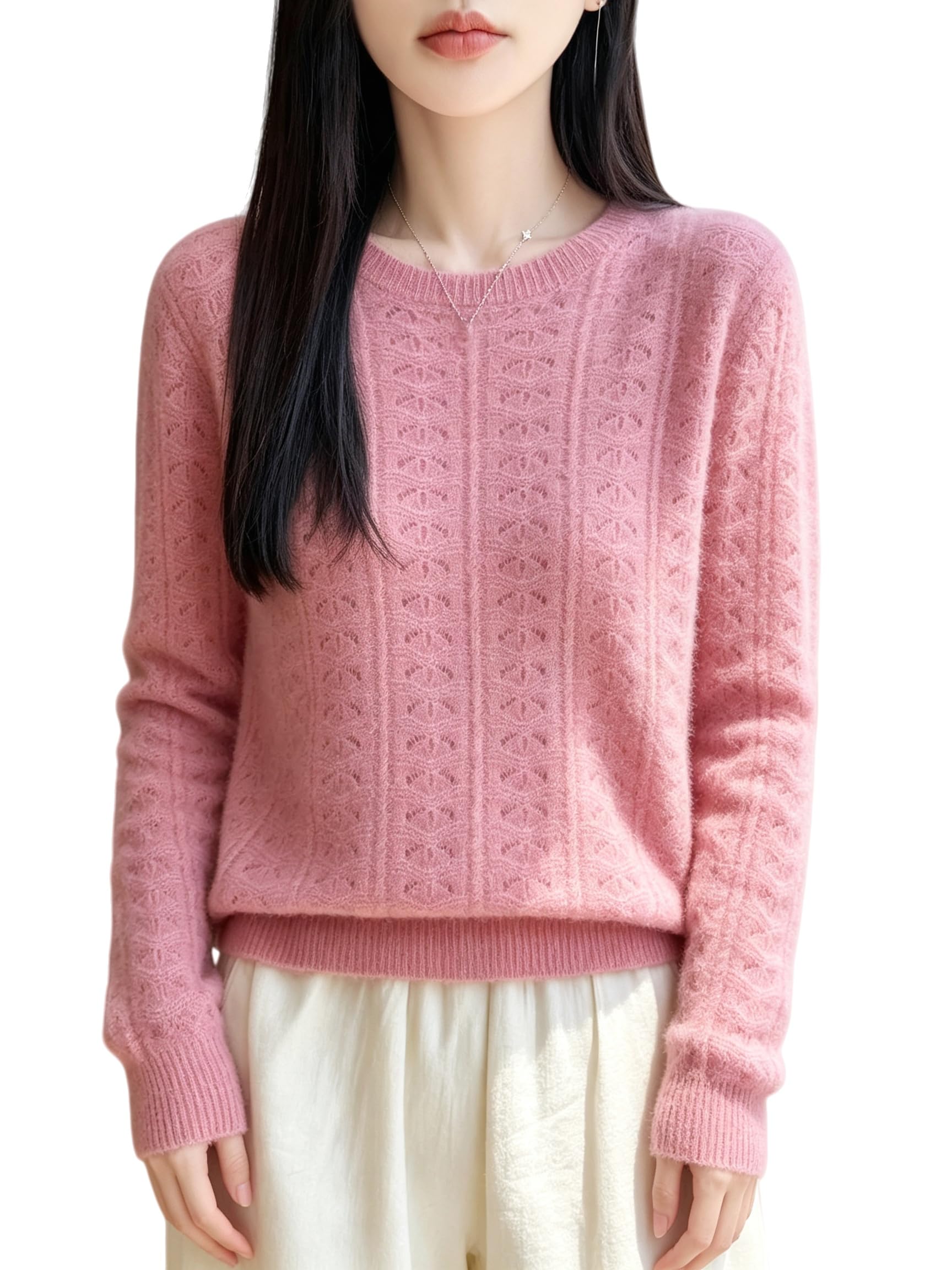 Damen Wollpullover Lässig Langärmelig Durchbrochenes Strickmuster Rundhal