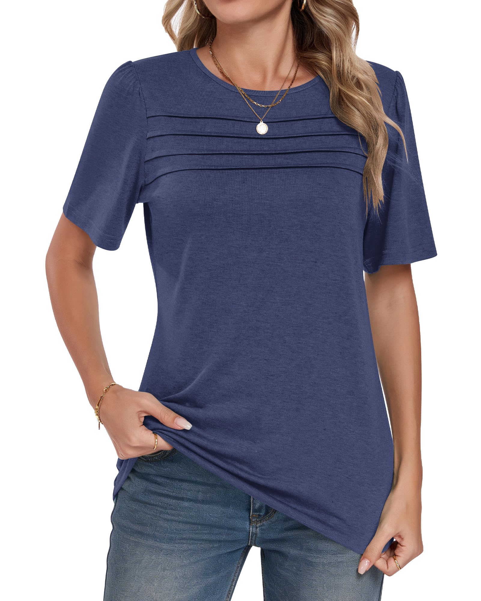 PLMOKEN Womens Summer Tops Short Sleeve Pleated Front Ladies T Shirts Round Neck Blouses Elegant Tunic Tops Casual - 4