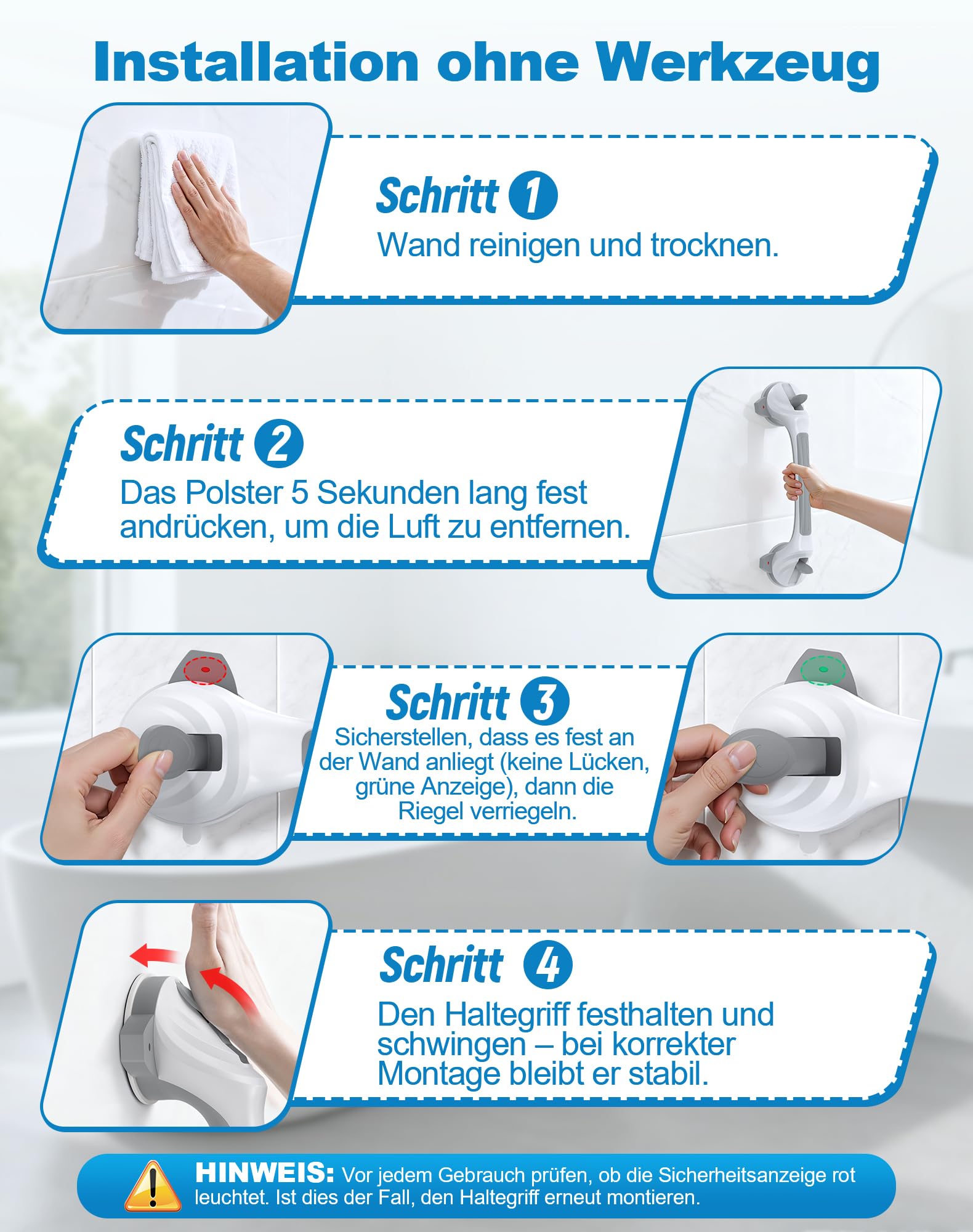 2 Stück Haltegriffe für Senioren,Haltegriff mit Saugnapf 42.5 CM Badewannengriff Ohne Bohren Maximale 110KG Haltegriff Dusche für Bad Badewanne Dusche