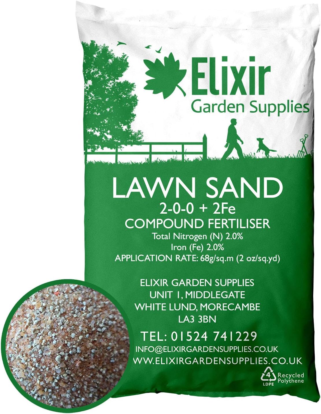 Elixir Gardens Lawn Sand | Professional Grass/Paddock Top Dressing + Nitrogen Feed | Turf & Lawn Green-Up | N.P.K 2-0-0+2 Fe | 1kg Bag | Treats over 14 sq.m
