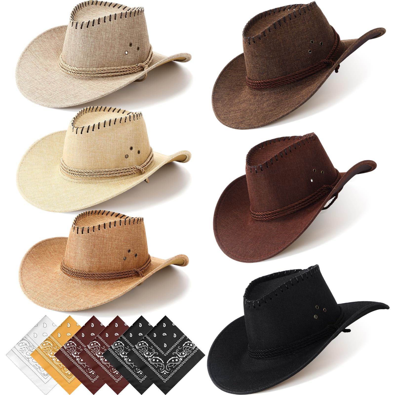 Zhanmai 12 Pcs Cowboy Hats Bulk, 6 Hats with 6 Bandanas