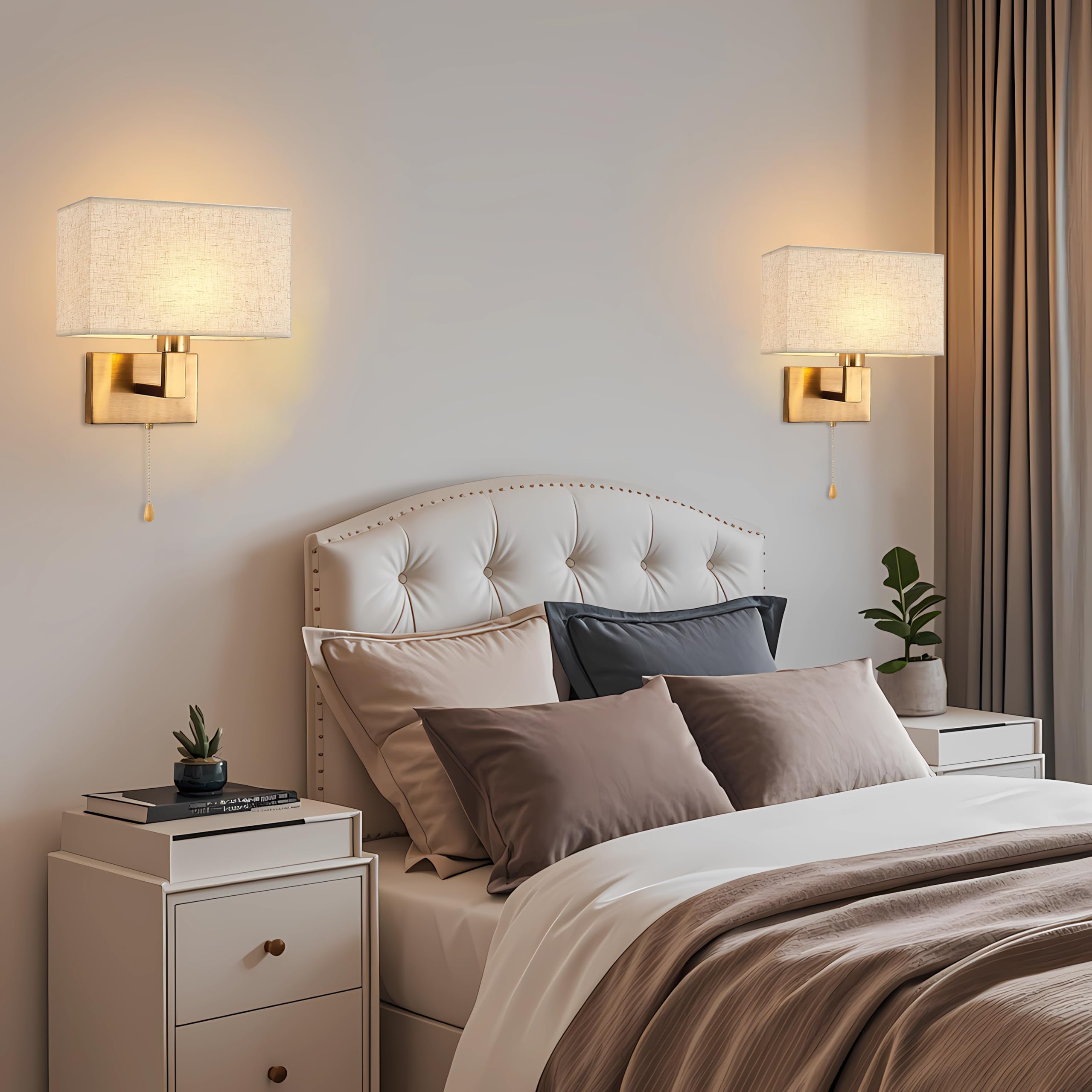 2 Stücke Wandleuchte Innen Gold mit Schalter | Wandlampe Schlafzimmer Vintage Wandlampen mit Zugschalter, E27 Nachttischlampe Wand mit Stoffschirm für Flur Bett Wohnzimmer