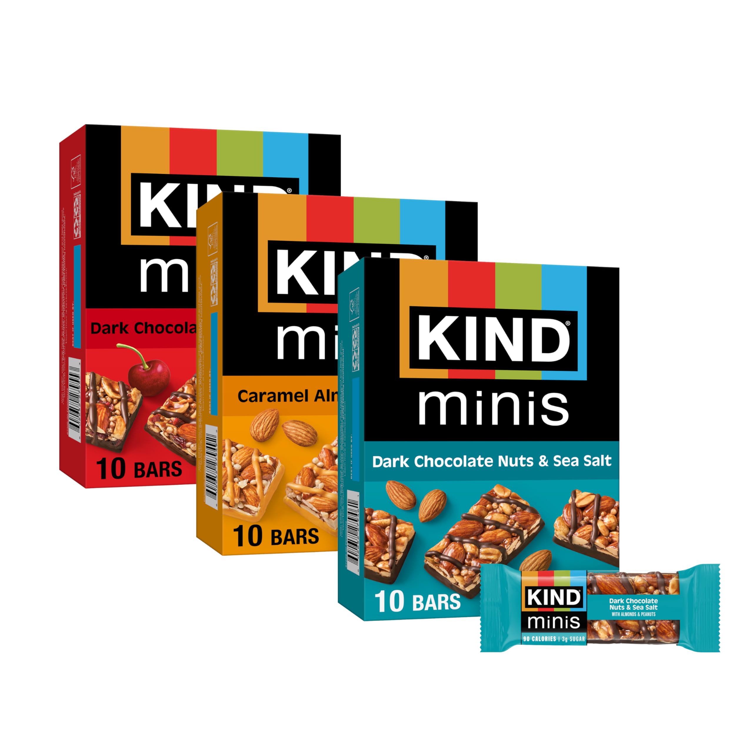 KIND Bar Minis - Paquete surtido de nueces de chocolate negro y sal marina, sal marina de almendras y caramelo, chocolate negro, cereza, anacardo, aperitivos saludables, sin gluten, aperitivos bajos