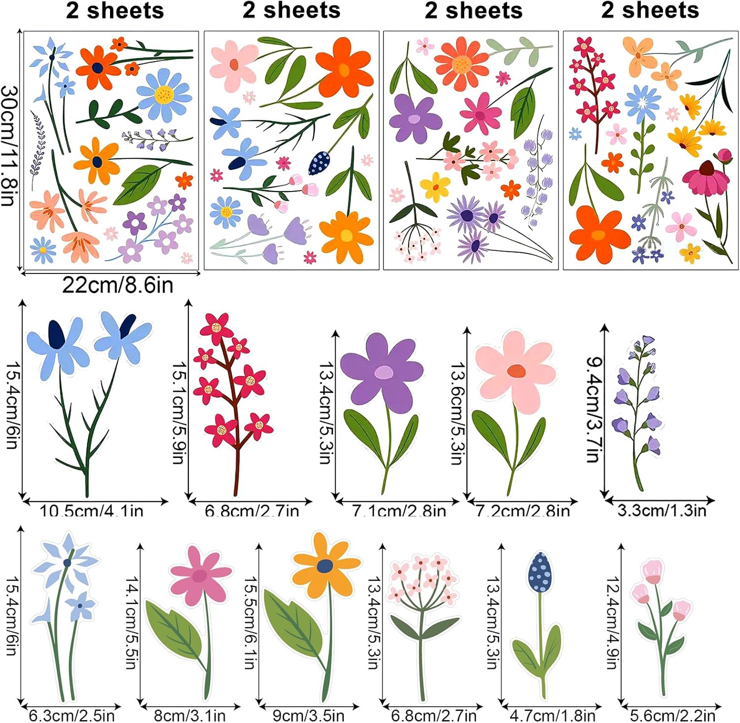 102Pcs Flower Wall Decals Peel and Stick, DIY Spring Themed Floral Wall Stickers, Removable Wildflower Spring Art for Girls Bedroom, Kids Room, Nursery, Living Room, Bathroom, Kitchen Home Wall Decor
