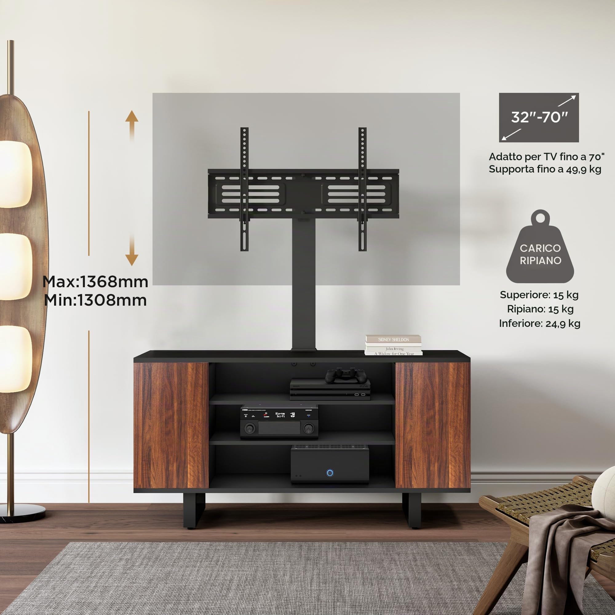 FITUEYES Mobile TV per 32-70 Pollici, Supporto TV da Pavimento con 2 Altezza & Ripiani in Legno, Max VESA 600x400mm