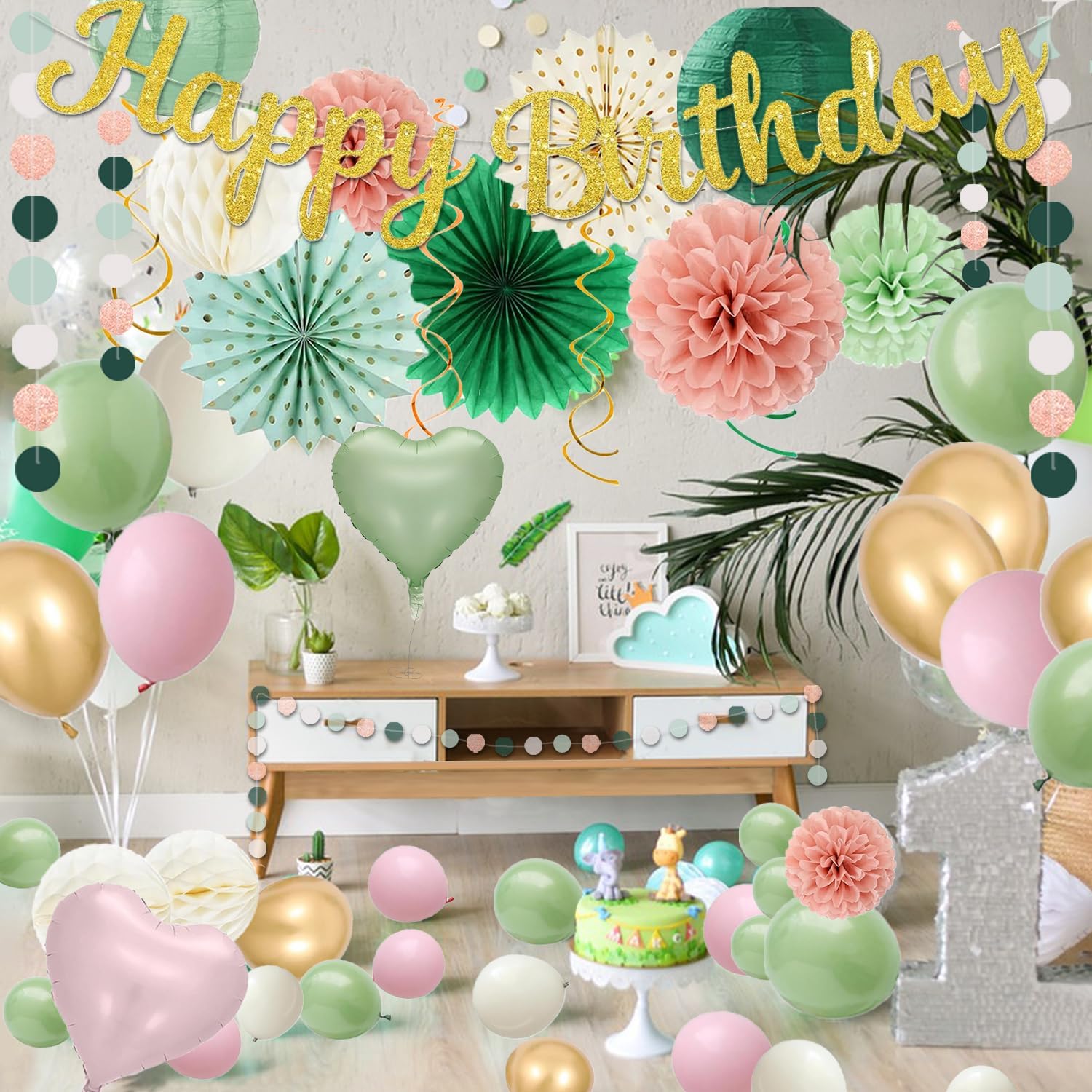 Sage Green Pink Birthday Decorations - 62pcs Happy Birthday Banner, Olive Retro Beige Paper Lanterns Pom Poms, Green Pink Balloons , Neutral Streamers Garland, Birthday Decorations for Women Girl Boys - Image 6