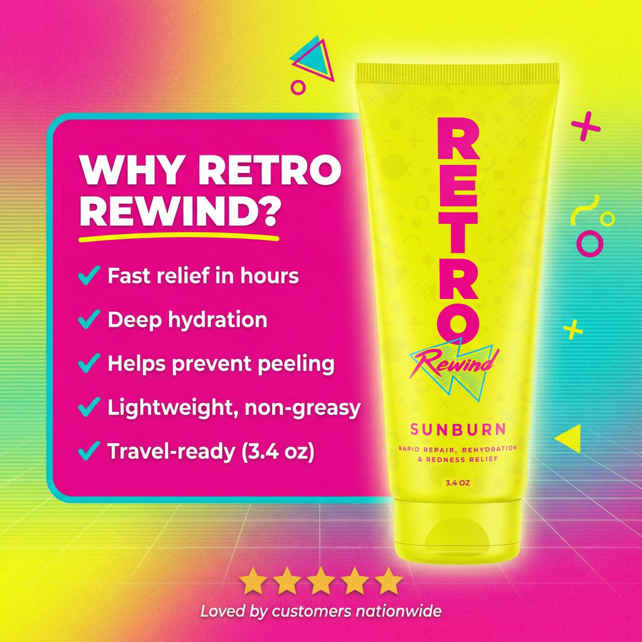 RETRO Rewind Sunburn After Sun Creme, schnelle Reparatur und Linderung von Rötungen, Gelb, 96 ml, Reisegröße, feuchtigkeitsspendende Feuchtigkeitscreme für sonnengeschädigte Haut