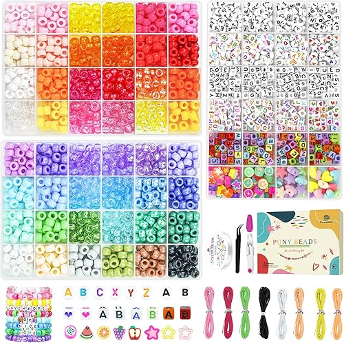 Dowsabel Kit de fabricación de pulseras, 48 colores de cuentas de poni, kit de pulsera de la amistad, cuentas de letras y corazón para hacer joyas,