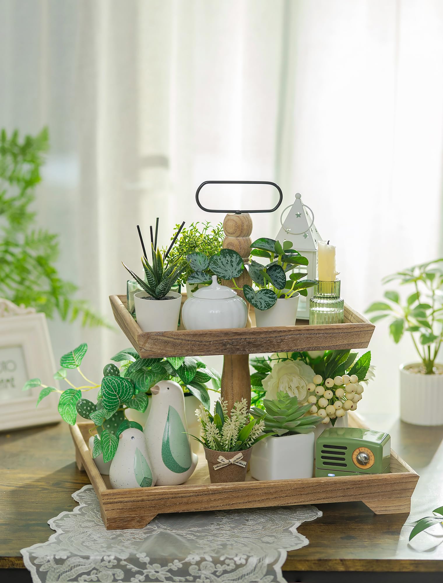 Hanobe Deko Tablett Etagere Holz: Braun Holztablett Groß Rechteckig mit 2 Ebenen Bauernhaus Dekotablett Vintage Shabby serviertabletts für Home Kaffeeecke Duschraum