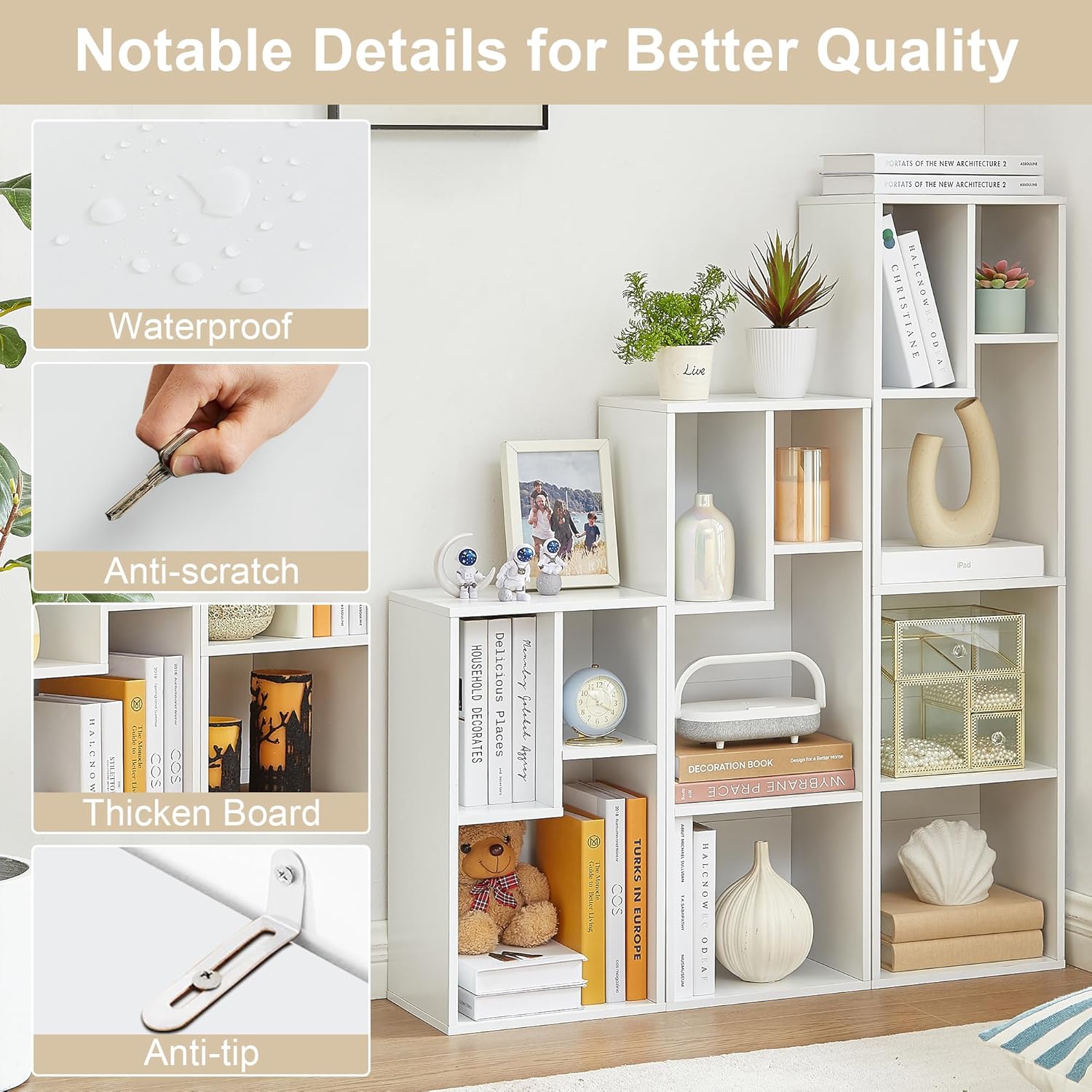 VECELO Narrow Bookshelf Set, Fits 9.3" × 10-12.8" Hardcovers, Cube Storage Bookcases, Free-Standing for Living Room, Bedroom, Home Office, 3/4-Tier, 2-Pack, White