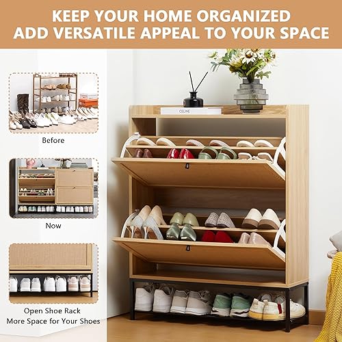 Miniatura 6 de LEVNARY Zapatero con 2 cajones abatibles, estantes estrechos de madera para zapatos, organizador de zapatos oculto independiente con patas de metal