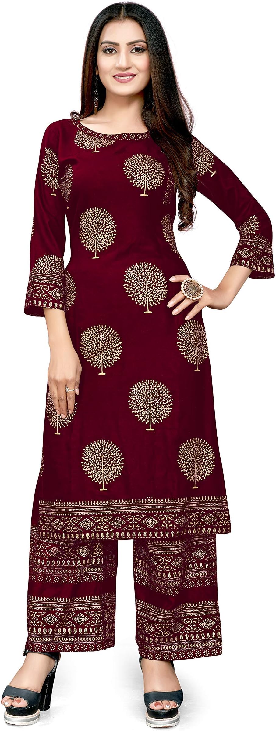 Fashion SAYWomen's Crepe Straight Gold Printed Kurti | Kurta Palazzo Set (Multicolor) - P