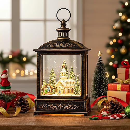 Miniatura 4 de Linterna musical de globo de nieve de 12.5 pulgadas iluminada para iglesia con pesebre, linterna de agua con purpurina giratoria, decoración y