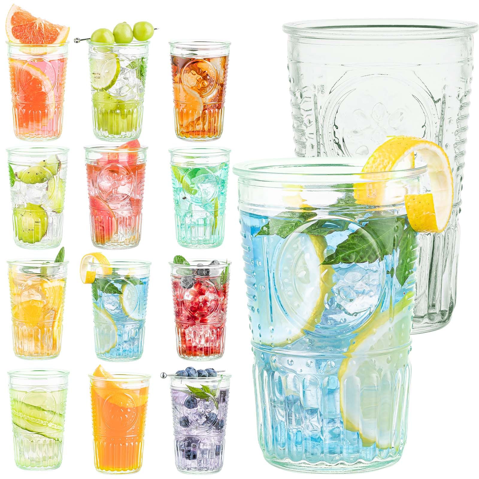 wookgreat Drinking Glasses, 12 pcs Vintage Glassware Set, 16oz Clear Striped Glass Cups, Embossed Highball Glasses, Tall Water Glass Tumbler, Mojito Cup, Cocktail Glass, Made Of Recycled Glass