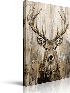 Rustic Deer Canvas Wall Art Framed Stag Antler Farmhouse Decor 12x16 Inch