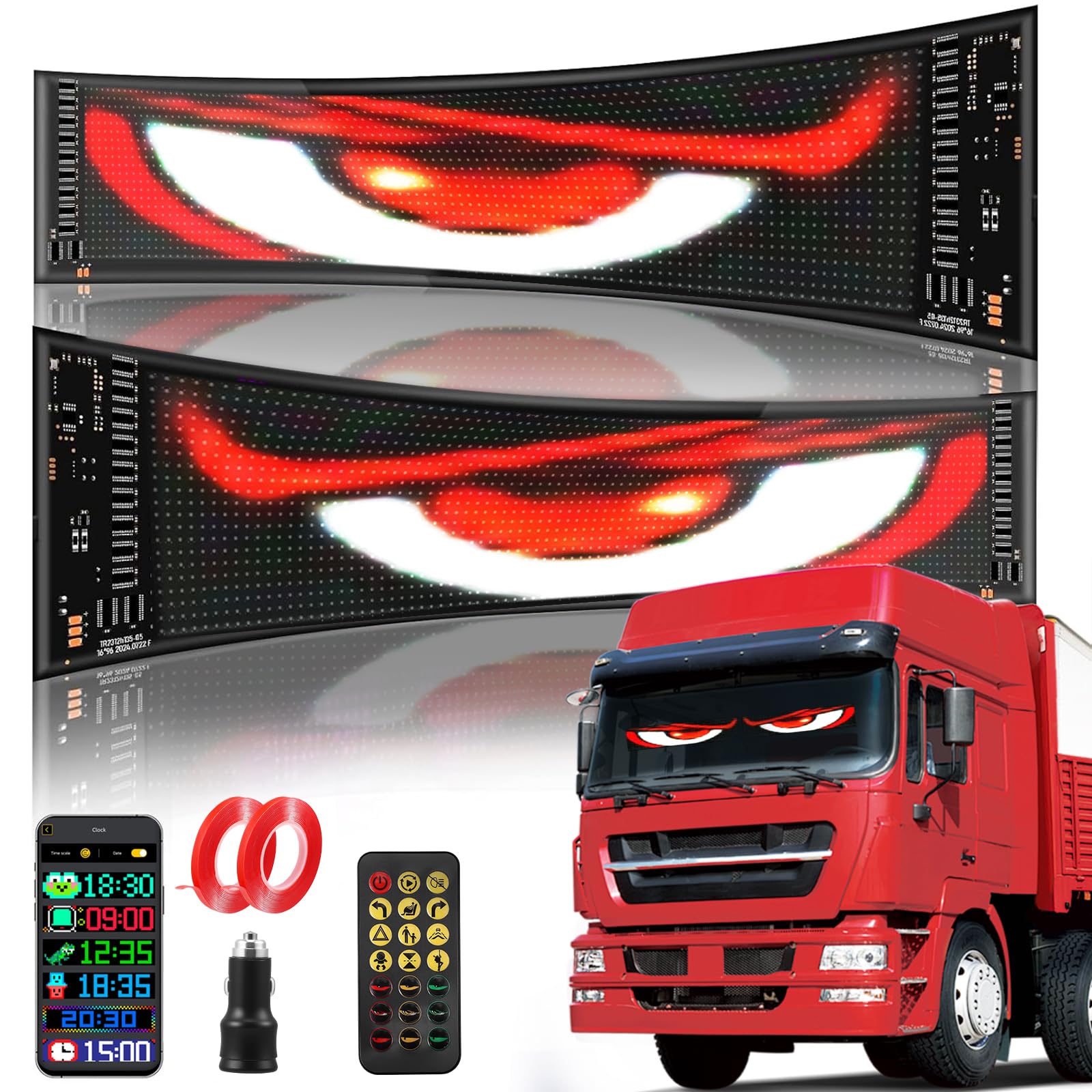 2 Stück Led Augen für LKW & Auto, 12x60cm IP65 Wasserdicht Flexibler LED Laufschrift Matrix Panel, Bluetooth USB 5V, Programmierbar mit APP, Fernbedienung, RGB Dekoration Weihnachten, Party