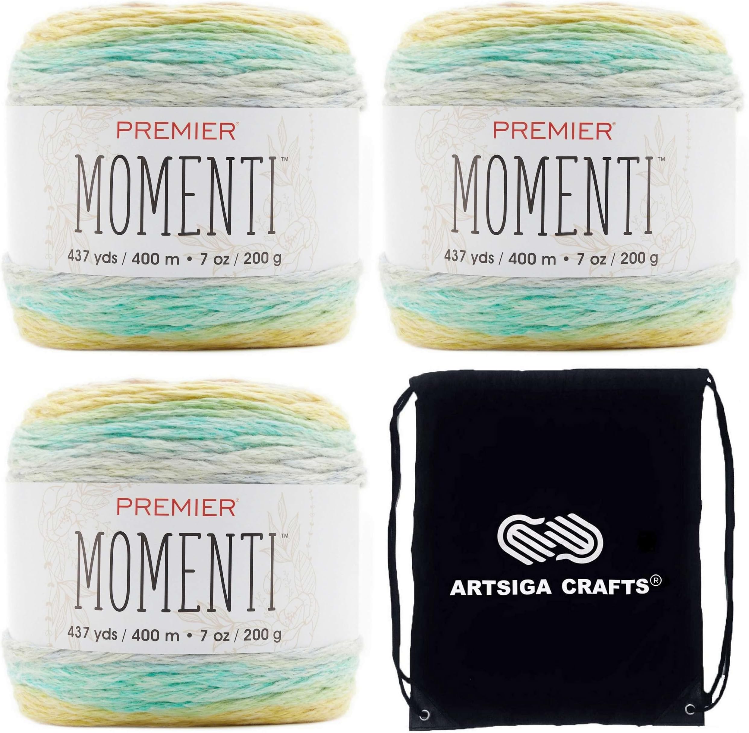 Premier Knitting Yarn Momenti Yarn Seashell 2016-04 (3-Pack) Same Dye Lot Worsted Medium #4 Soft 58% Cotton, 42% Acrylic with Knitting Project Bag