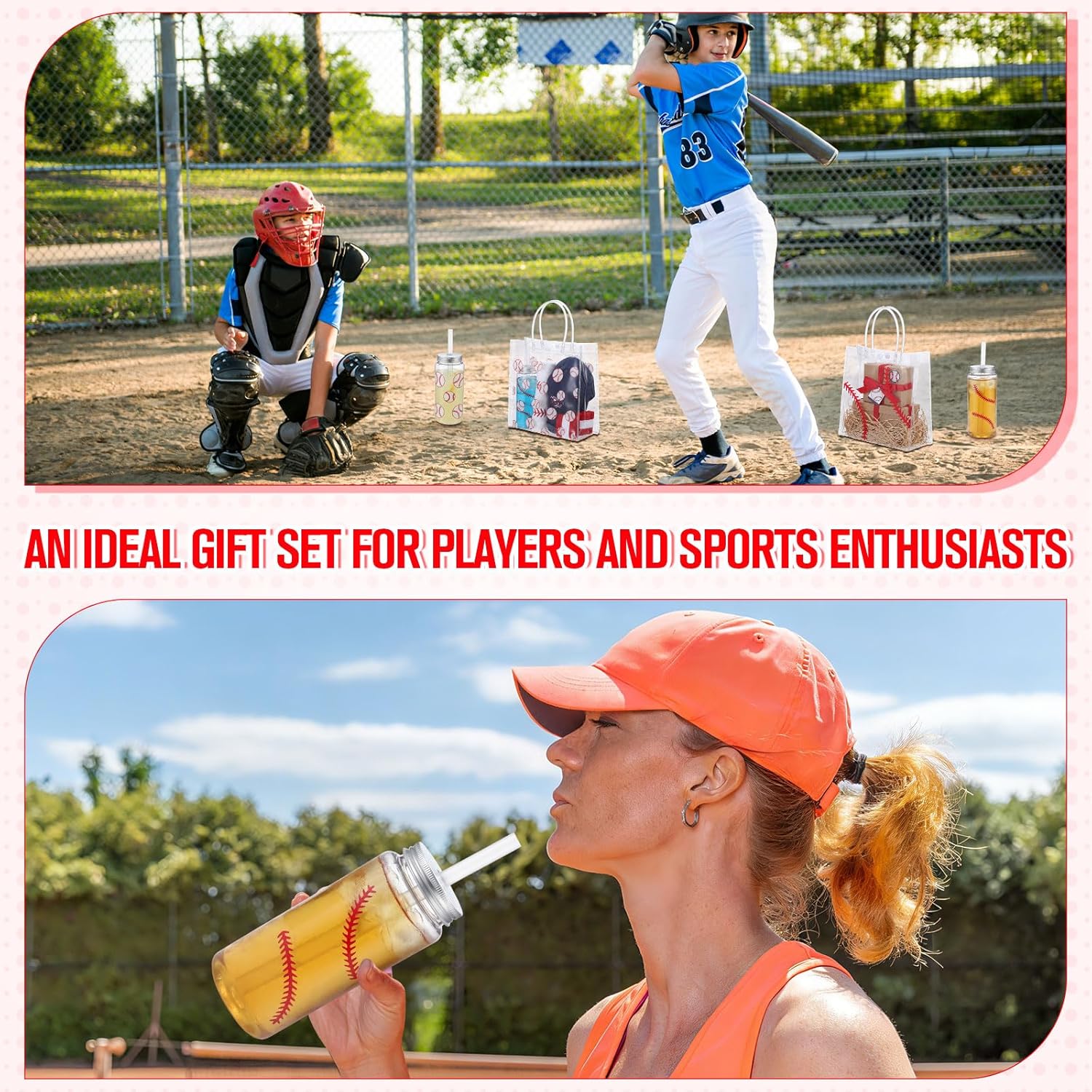 Reallnaive 24 Pack Baseball Party Favor Include 12 Sport Theme Cups with Straw and Lid 12 Clear Baseball PVC Gift Bags Snack Candy Bag with Handles for Party Supplies Birthday Decoration
