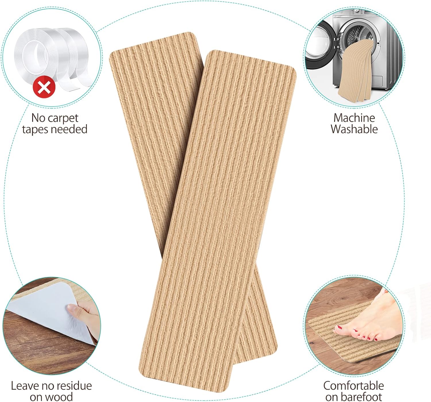 Non-Slip Stair Treads for Wooden Steps,8" X 30" (15-Pack), Pre-Applied Adhesive, Anti Slip Indoor Staircase Carpets Runners Rugs Safety for Elders, Kids and Dogs Beige